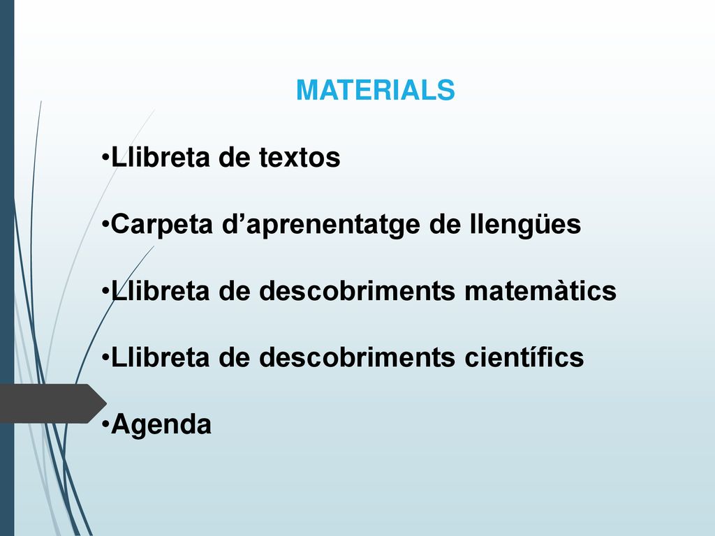 MATERIALS Llibreta de textos. Carpeta d’aprenentatge de llengües. Llibreta de descobriments matemàtics.