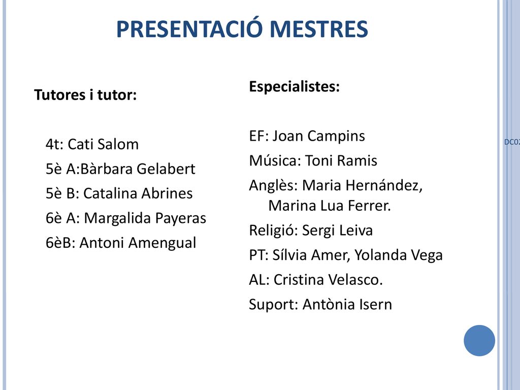PRESENTACIÓ MESTRES Especialistes: Tutores i tutor: EF: Joan Campins