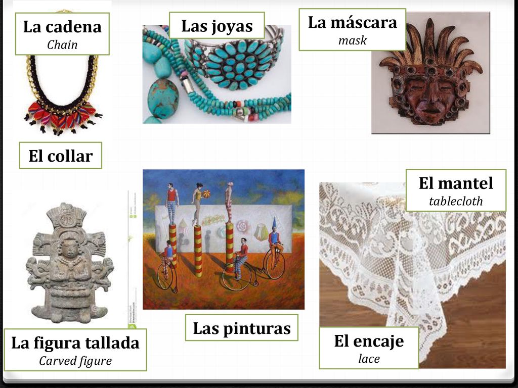 La máscara La cadena Las joyas El collar El mantel Las pinturas
