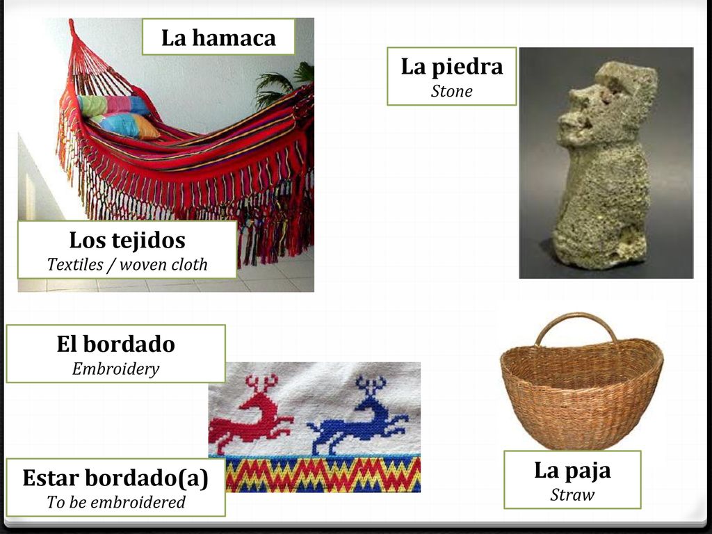 La hamaca La piedra Los tejidos El bordado La paja Estar bordado(a)