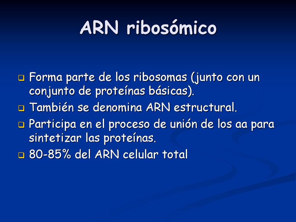 ARN ribosómico Forma parte de los ribosomas (junto con un conjunto de proteínas básicas). También se denomina ARN estructural.