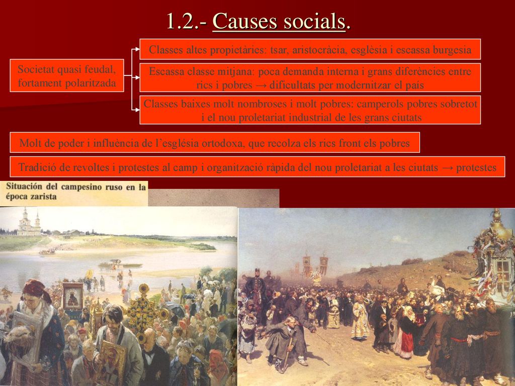 1.2.- Causes socials. Classes altes propietàries: tsar, aristocràcia, esglèsia i escassa burgesia. Societat quasi feudal,