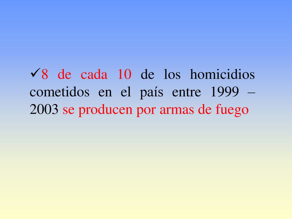 8 de cada 10 de los homicidios cometidos en el país entre 1999 – 2003 se producen por armas de fuego