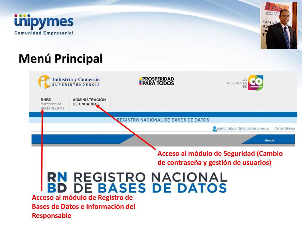 Menú Principal Acceso al módulo de Seguridad (Cambio de contraseña y gestión de usuarios)