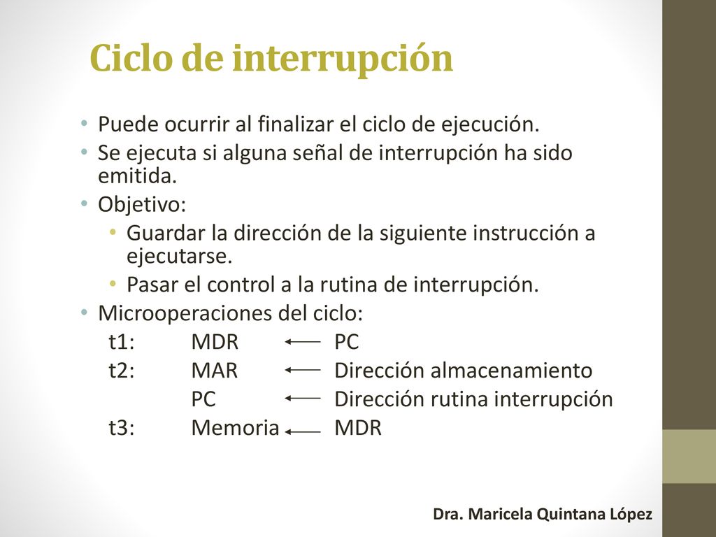 Ciclo de interrupción Puede ocurrir al finalizar el ciclo de ejecución. Se ejecuta si alguna señal de interrupción ha sido emitida.