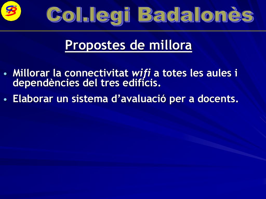Propostes de millora Millorar la connectivitat wifi a totes les aules i dependències del tres edificis.