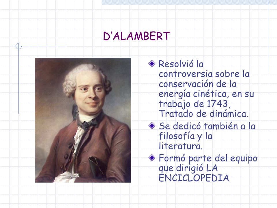 D’ALAMBERT Resolvió la controversia sobre la conservación de la energía cinética, en su trabajo de 1743, Tratado de dinámica.