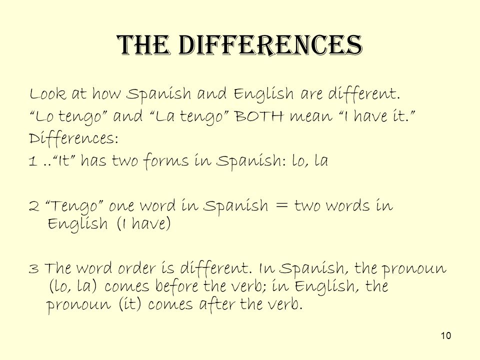The Differences Look at how Spanish and English are different.
