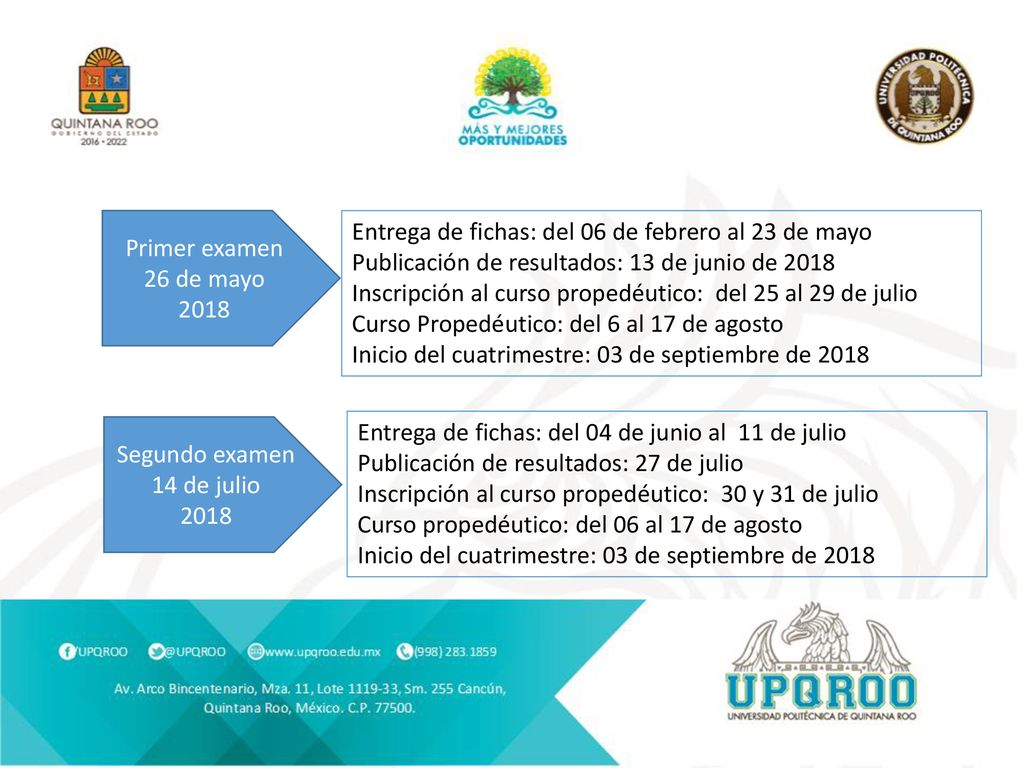 Primer examen 26 de mayo Entrega de fichas: del 06 de febrero al 23 de mayo. Publicación de resultados: 13 de junio de