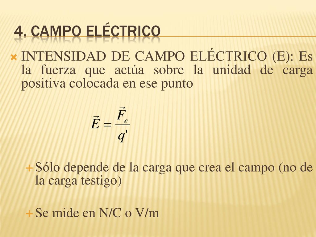 4. Campo eléctrico INTENSIDAD DE CAMPO ELÉCTRICO (E): Es la fuerza que actúa sobre la unidad de carga positiva colocada en ese punto.