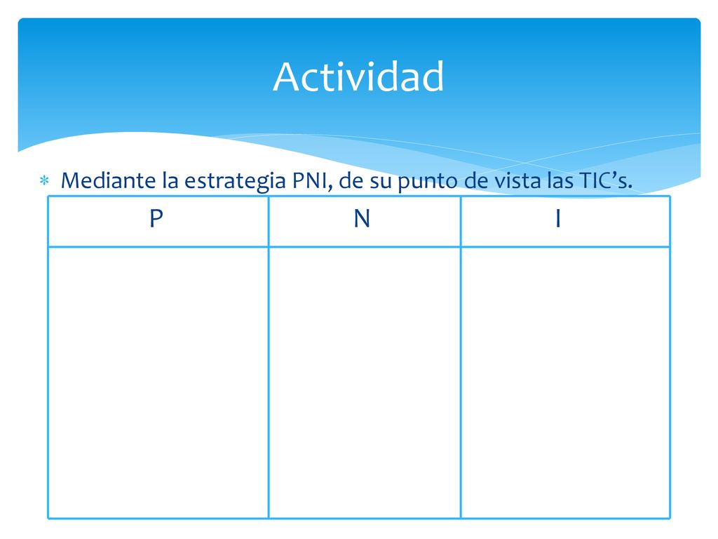 Actividad Mediante la estrategia PNI, de su punto de vista las TIC’s.