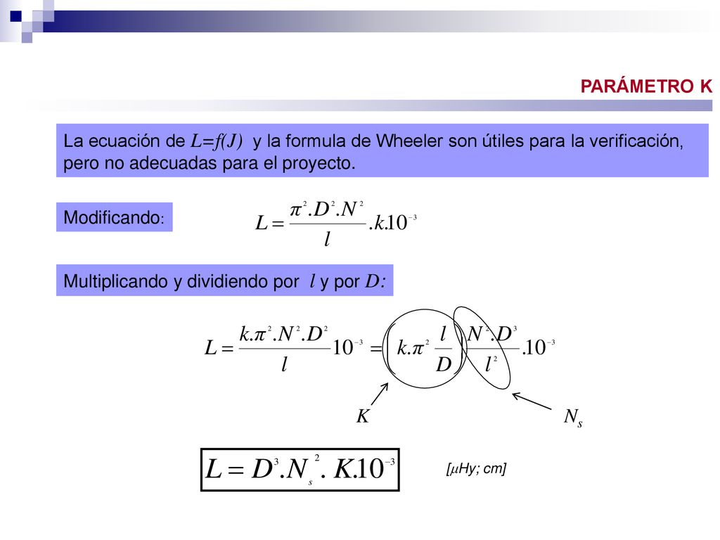 PARÁMETRO K La ecuación de L=f(J) y la formula de Wheeler son útiles para la verificación, pero no adecuadas para el proyecto.