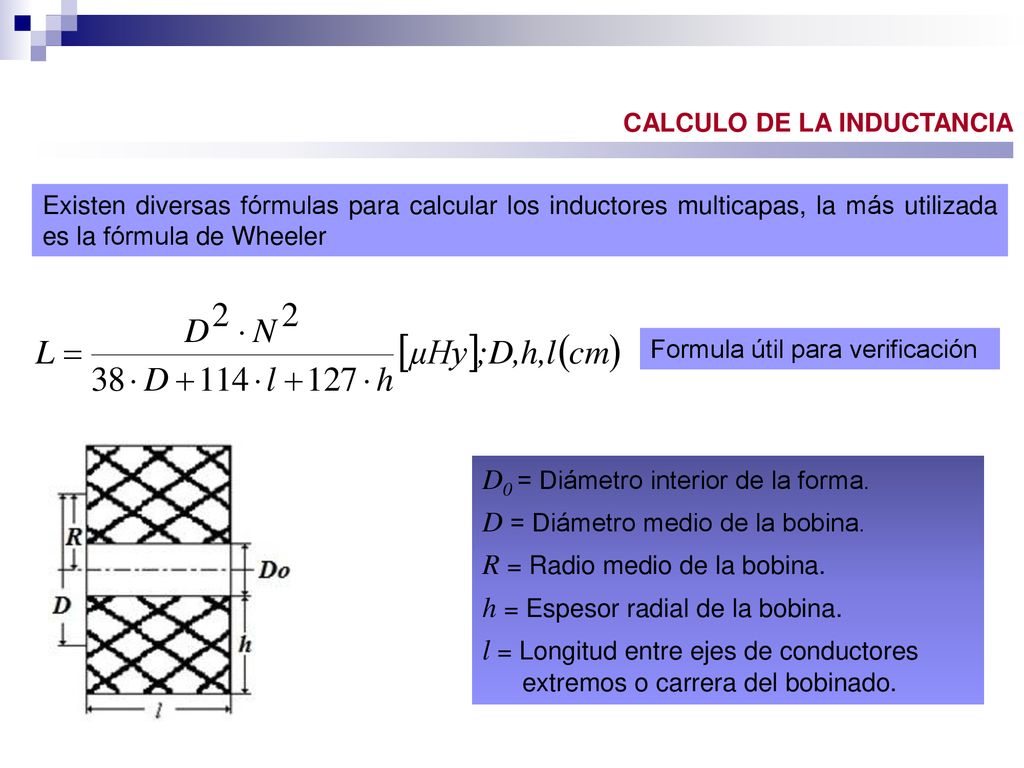 D0 = Diámetro interior de la forma. D = Diámetro medio de la bobina.