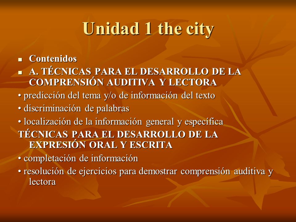 Unidad 1 the city Contenidos
