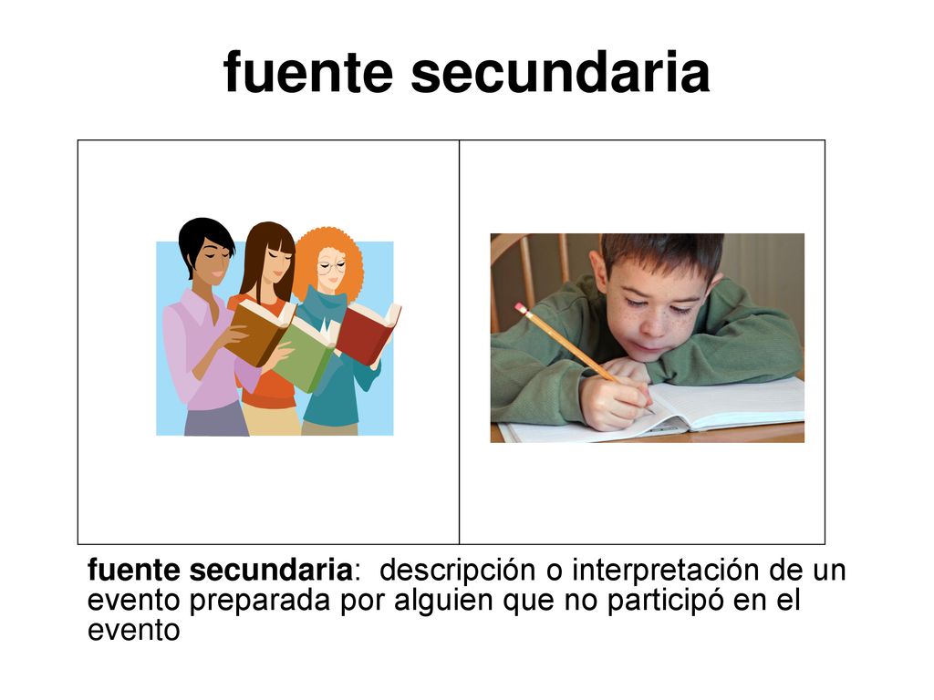 fuente secundaria fuente secundaria: descripción o interpretación de un evento preparada por alguien que no participó en el evento.