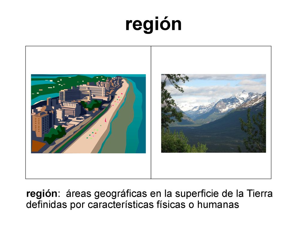 región región: áreas geográficas en la superficie de la Tierra definidas por características físicas o humanas.
