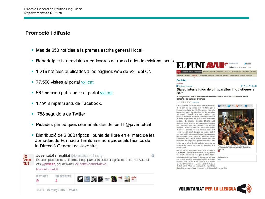 Promoció i difusió Més de 250 notícies a la premsa escrita general i local.