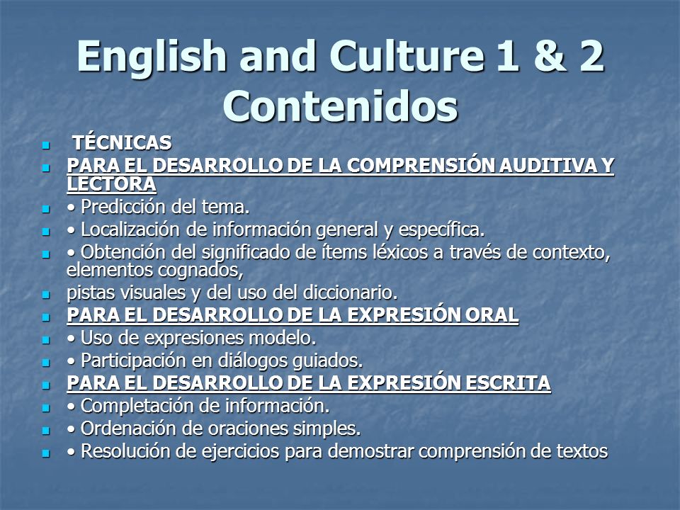English and Culture 1 & 2 Contenidos