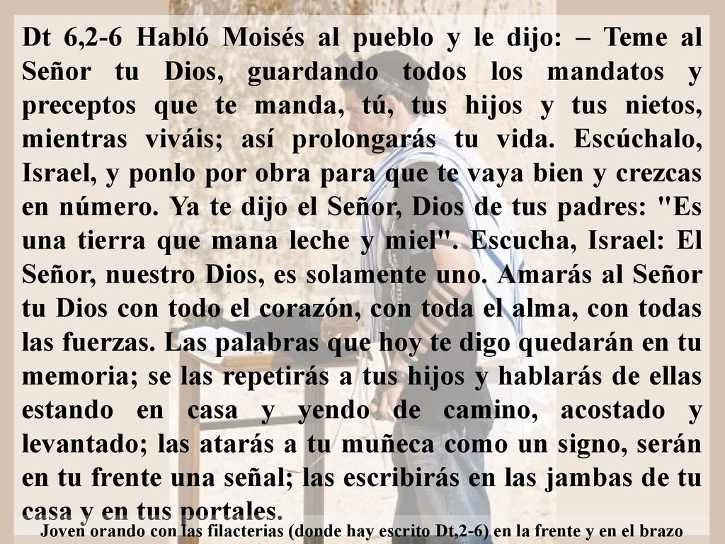 Dt 6,2-6 Habló Moisés al pueblo y le dijo: – Teme al Señor tu Dios, guardando todos los mandatos y preceptos que te manda, tú, tus hijos y tus nietos, mientras viváis; así prolongarás tu vida. Escúchalo, Israel, y ponlo por obra para que te vaya bien y crezcas en número. Ya te dijo el Señor, Dios de tus padres: Es una tierra que mana leche y miel . Escucha, Israel: El Señor, nuestro Dios, es solamente uno. Amarás al Señor tu Dios con todo el corazón, con toda el alma, con todas las fuerzas. Las palabras que hoy te digo quedarán en tu memoria; se las repetirás a tus hijos y hablarás de ellas estando en casa y yendo de camino, acostado y levantado; las atarás a tu muñeca como un signo, serán en tu frente una señal; las escribirás en las jambas de tu casa y en tus portales.