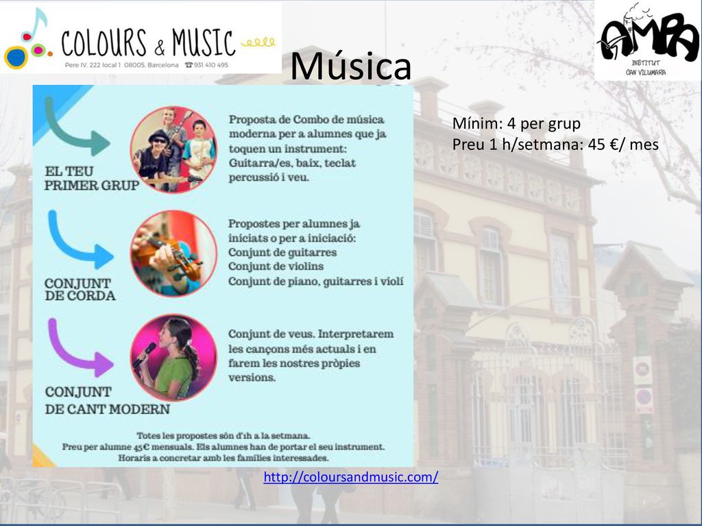 Música Mínim: 4 per grup Preu 1 h/setmana: 45 €/ mes