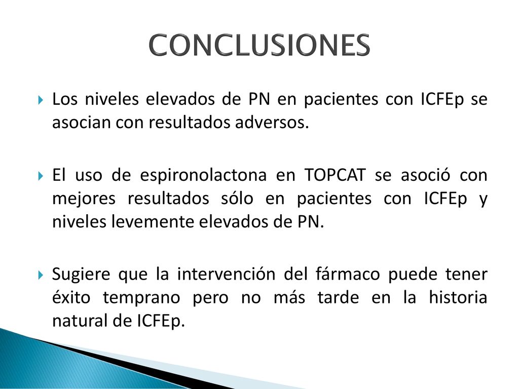 CONCLUSIONES Los niveles elevados de PN en pacientes con ICFEp se asocian con resultados adversos.
