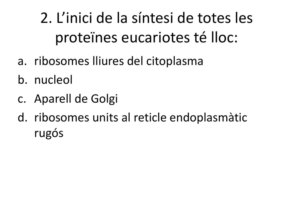 2. L’inici de la síntesi de totes les proteïnes eucariotes té lloc: