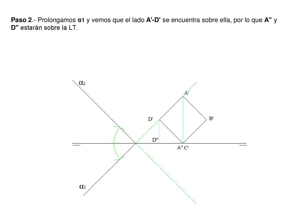 Paso 2.- Prolongamos α1 y vemos que el lado A -D se encuentra sobre ella, por lo que A y D estarán sobre la LT.