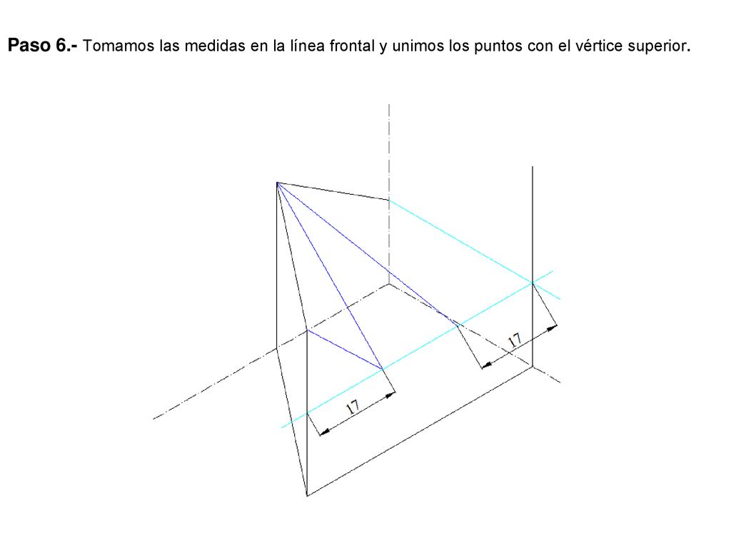 Paso 6.- Tomamos las medidas en la línea frontal y unimos los puntos con el vértice superior.
