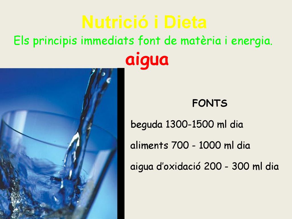 Nutrició i Dieta Els principis immediats font de matèria i energia. aigua. FONTS. beguda ml dia.