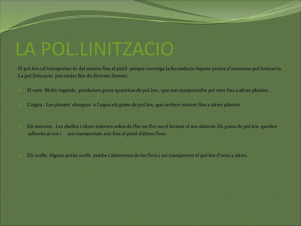 LA POL.LINITZACIO El pol.len cal transportar-lo del estams fins al pistil perque ocorrega la fecundacio.Aquest proces s anomena pol.linitzacio.