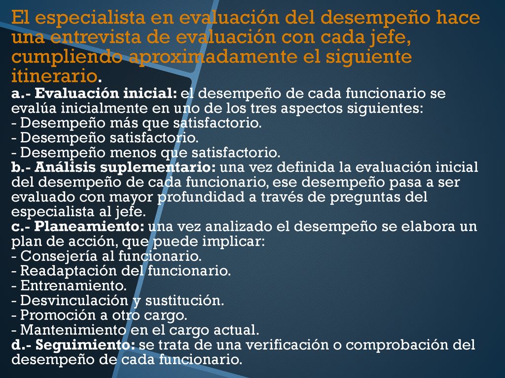 El especialista en evaluación del desempeño hace una entrevista de evaluación con cada jefe, cumpliendo aproximadamente el siguiente itinerario.