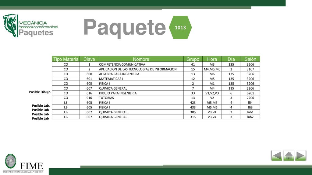 Paquete Paquetes 1013 Tipo Materia Clave Nombre Grupo Hora Día Salón