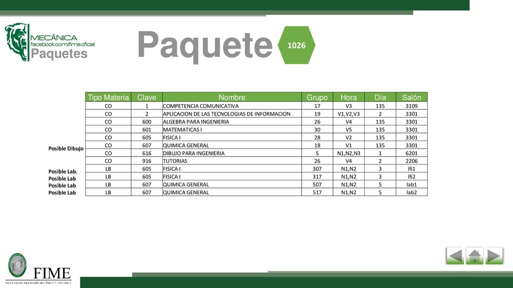 Paquete Paquetes 1026 Tipo Materia Clave Nombre Grupo Hora Día Salón