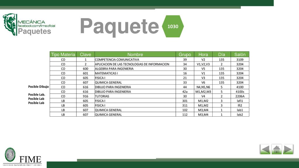 Paquete Paquetes 1030 Tipo Materia Clave Nombre Grupo Hora Día Salón
