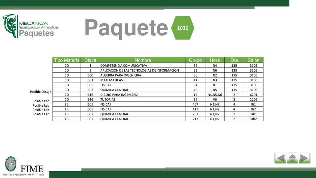 Paquete Paquetes 1036 Tipo Materia Clave Nombre Grupo Hora Día Salón