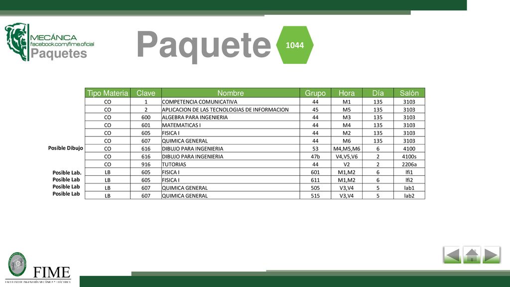 Paquete Paquetes 1044 Tipo Materia Clave Nombre Grupo Hora Día Salón