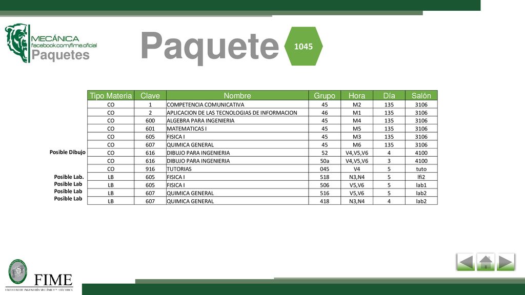 Paquete Paquetes 1045 Tipo Materia Clave Nombre Grupo Hora Día Salón