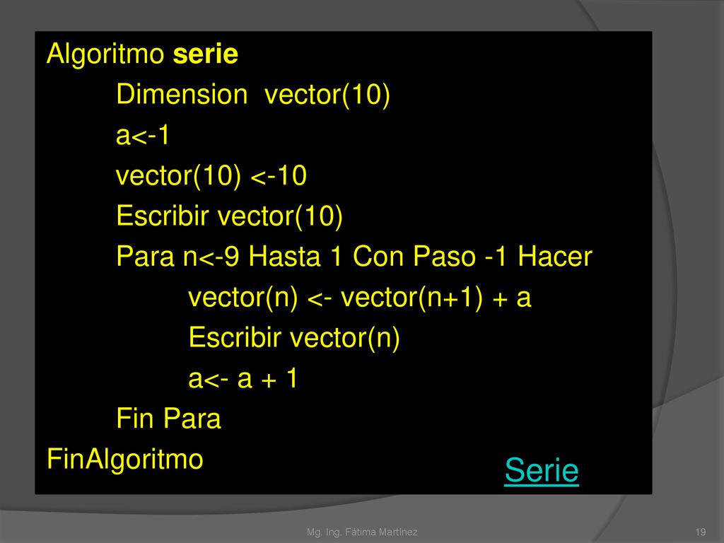 Serie Algoritmo serie Dimension vector(10) a<-1 vector(10) <-10