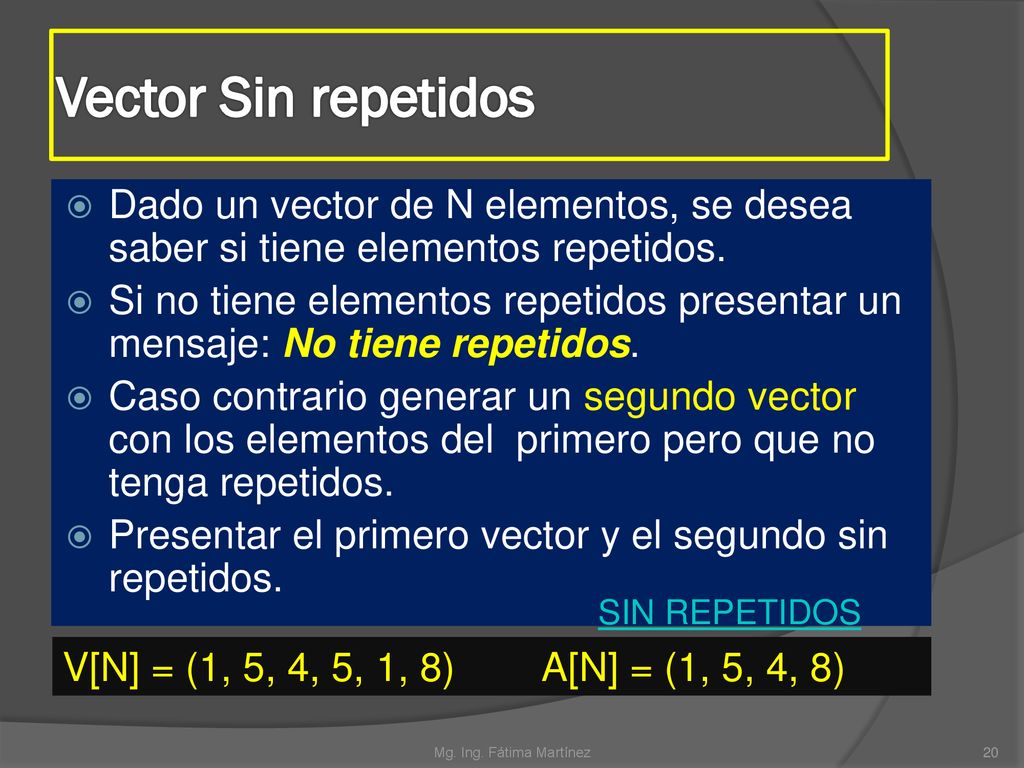 Vector Sin repetidos Dado un vector de N elementos, se desea saber si tiene elementos repetidos.