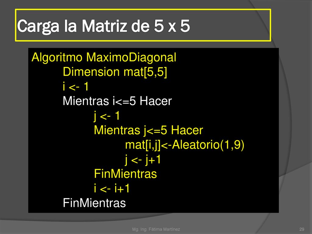 Carga la Matriz de 5 x 5 Algoritmo MaximoDiagonal Dimension mat[5,5]