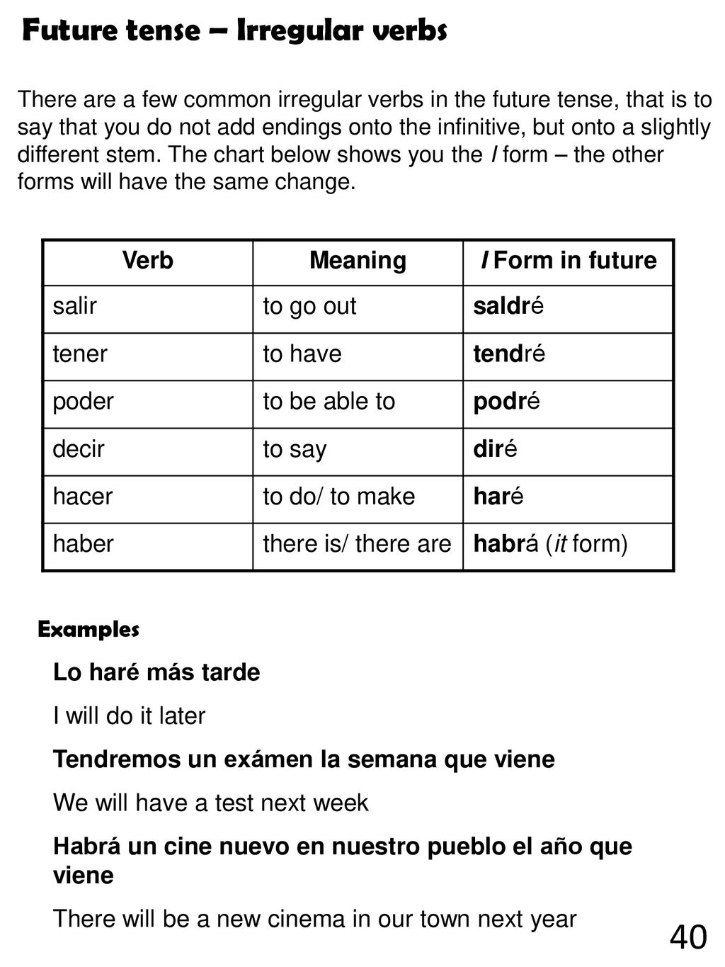 40 Future tense – Irregular verbs Verb Meaning I Form in future salir