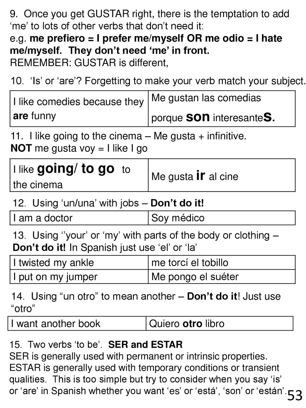 9. Once you get GUSTAR right, there is the temptation to add ‘me’ to lots of other verbs that don’t need it: e.g. me prefiero = I prefer me/myself OR me odio = I hate me/myself. They don’t need ‘me’ in front. REMEMBER: GUSTAR is different,