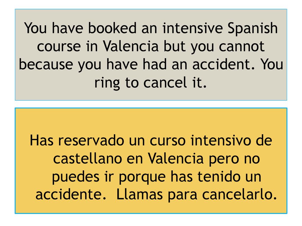 You have booked an intensive Spanish course in Valencia but you cannot because you have had an accident. You ring to cancel it.