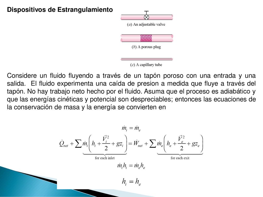 Dispositivos de. Estrangulamiento. Considere un fluido fluyendo a través. de un tapón poroso con una entrada y una.
