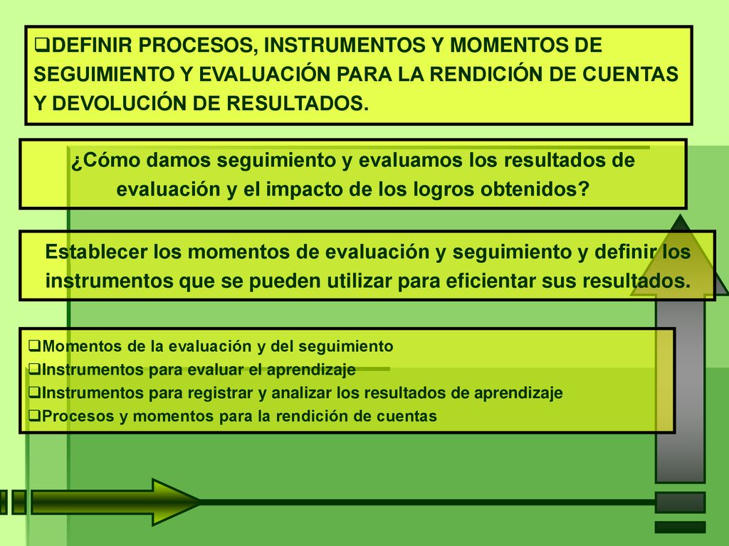 DEFINIR PROCESOS, INSTRUMENTOS Y MOMENTOS DE SEGUIMIENTO Y EVALUACIÓN PARA LA RENDICIÓN DE CUENTAS Y DEVOLUCIÓN DE RESULTADOS.