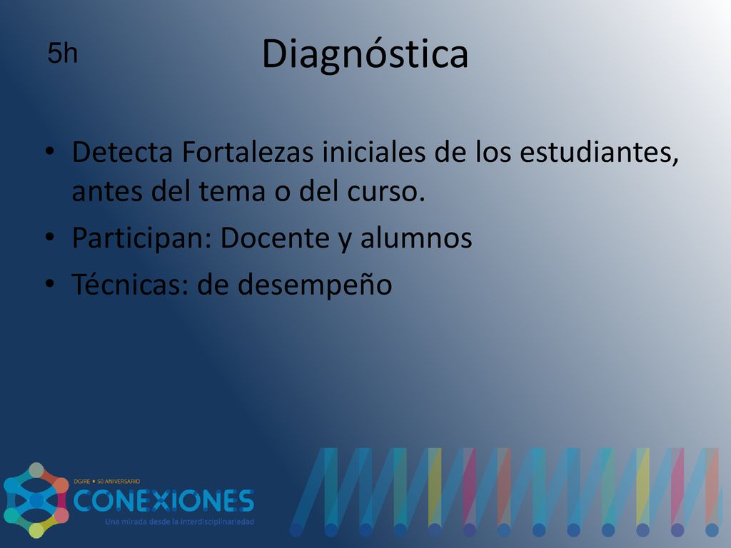 Diagnóstica 5h. Detecta Fortalezas iniciales de los estudiantes, antes del tema o del curso. Participan: Docente y alumnos.