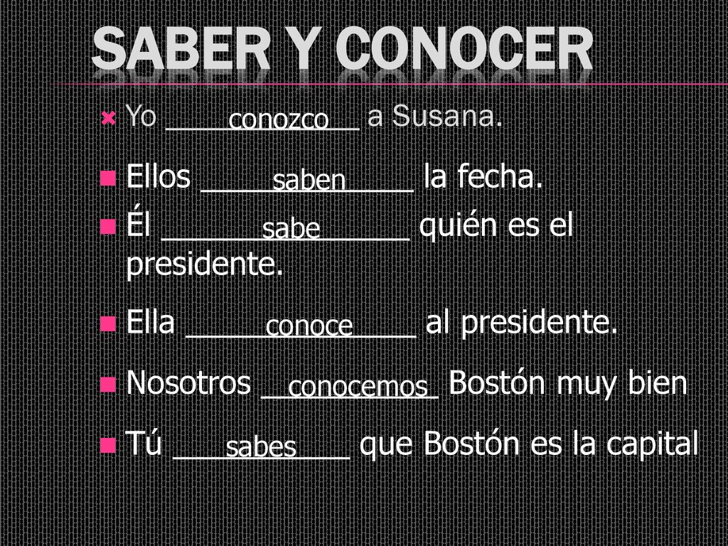 Saber y conocer Yo ____________ a Susana. Ellos ____________ la fecha.