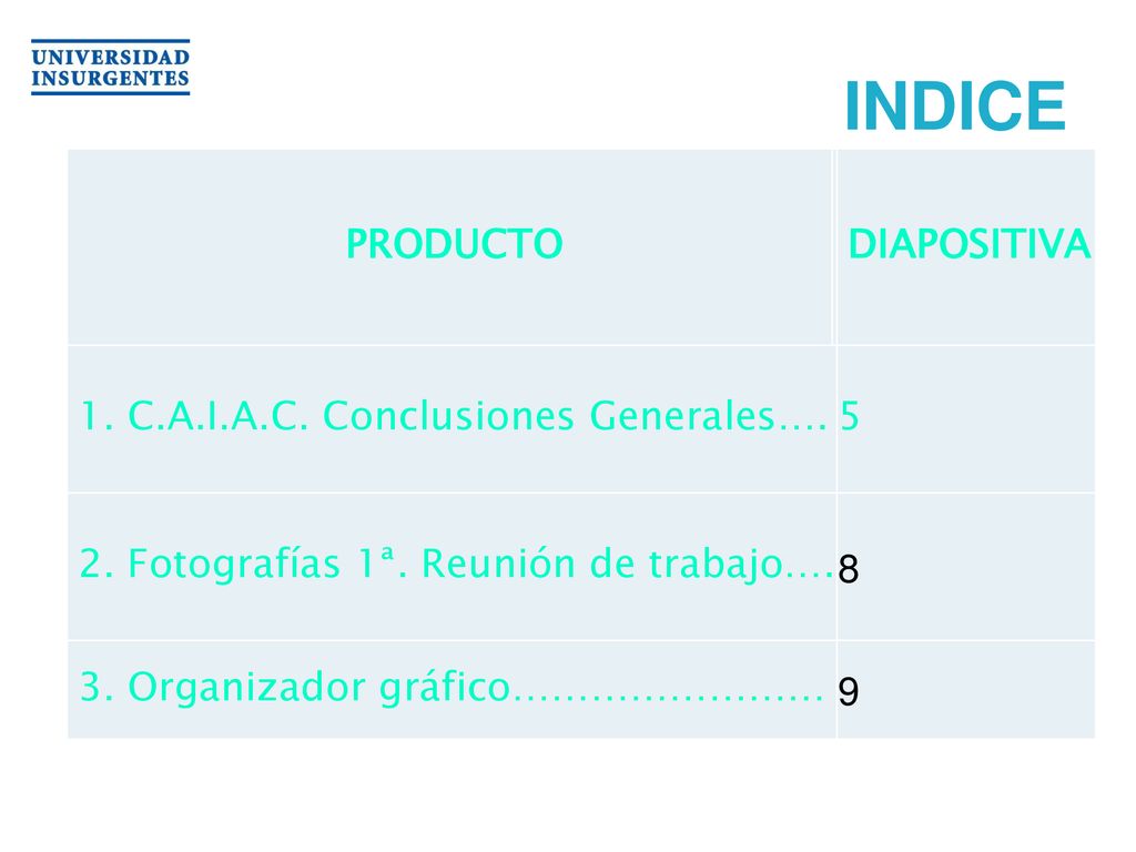 INDICE PRODUCTO DIAPOSITIVA 1. C.A.I.A.C. Conclusiones Generales…. 5