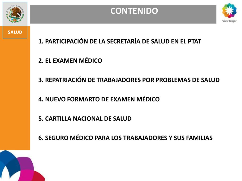 CONTENIDO 1. PARTICIPACIÓN DE LA SECRETARÍA DE SALUD EN EL PTAT