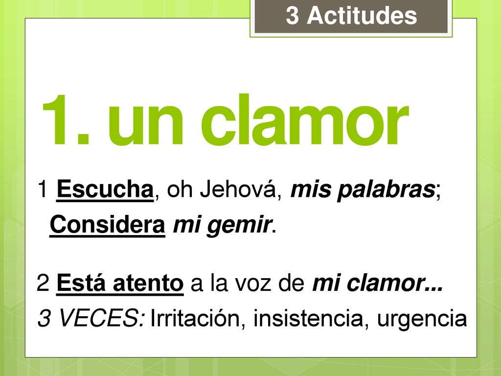 1. un clamor 3 Actitudes 1 Escucha, oh Jehová, mis palabras;